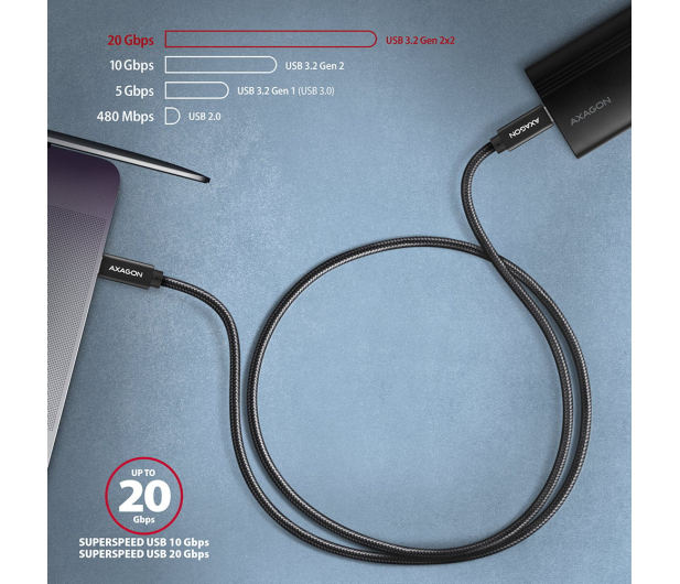 AXAGON BUCM32-CM20AB Kabel USB-C - USB-C 3.2 Gen 2, 2m, PD 100W, 5A, 4K HD, ALU, oplot, czarny - 1353478 - zdjęcie 7